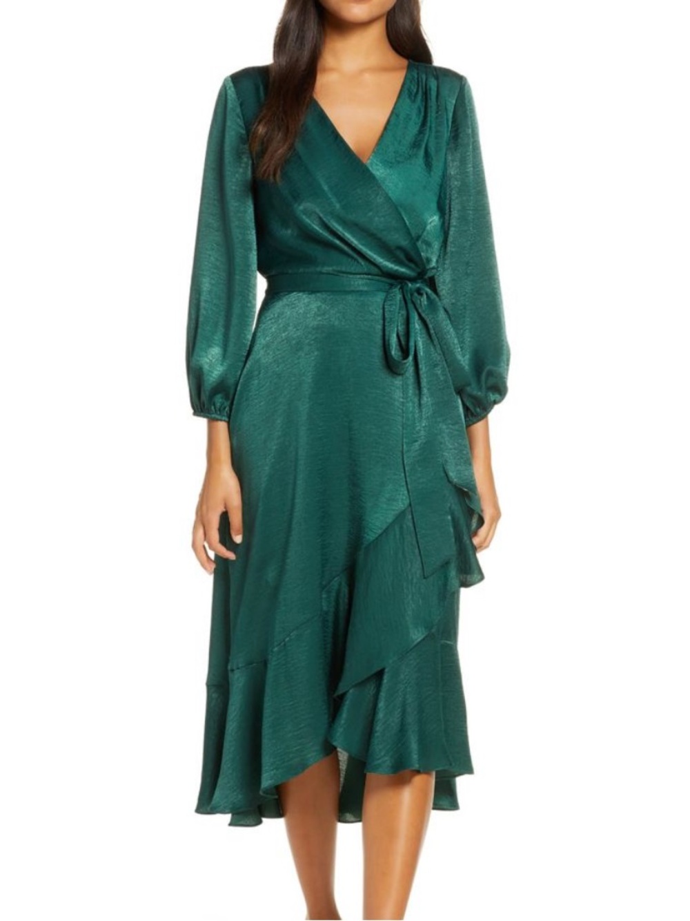 Gal Meets Glam Emerald Green Wrap High-Low Midi Dress Jennifer satin size 8 - Picture 2 of 5
